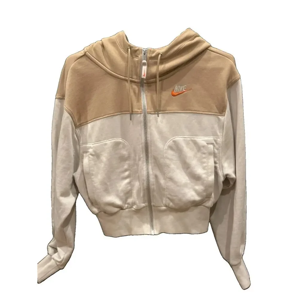 Nike Sportswear Phoenix Fleece Cropped Full Zip Hoodie XS Tan Cream FB7211-104